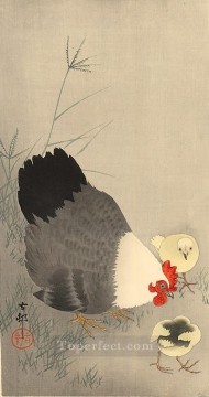 Ohara Koson Painting - hen and two chicks in grass Ohara Koson Shin hanga